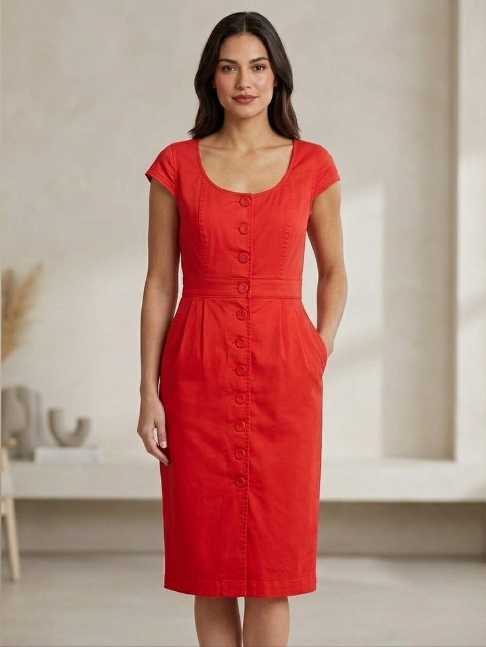 Liz Claiborne Red Button Front Midi Sheath Dress w/ Pockets Size 10 Womens